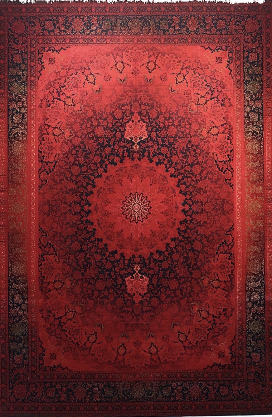 فرش ۷۰۰ شانه 12 متری کاشان لاکی ارغوانی طرح اطلسی khan
