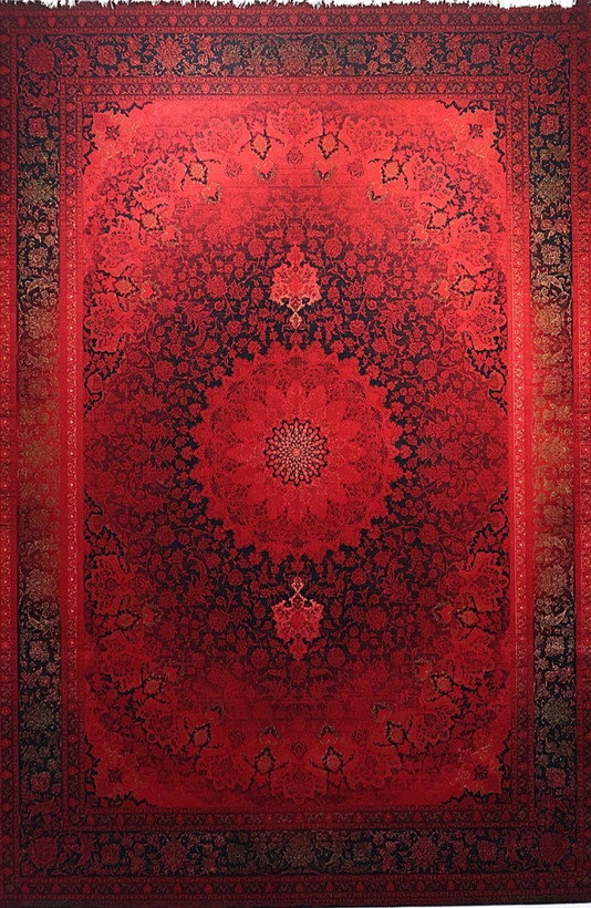 فرش ۷۰۰ شانه 12 متری کاشان لاکی ارغوانی طرح اطلسی khan