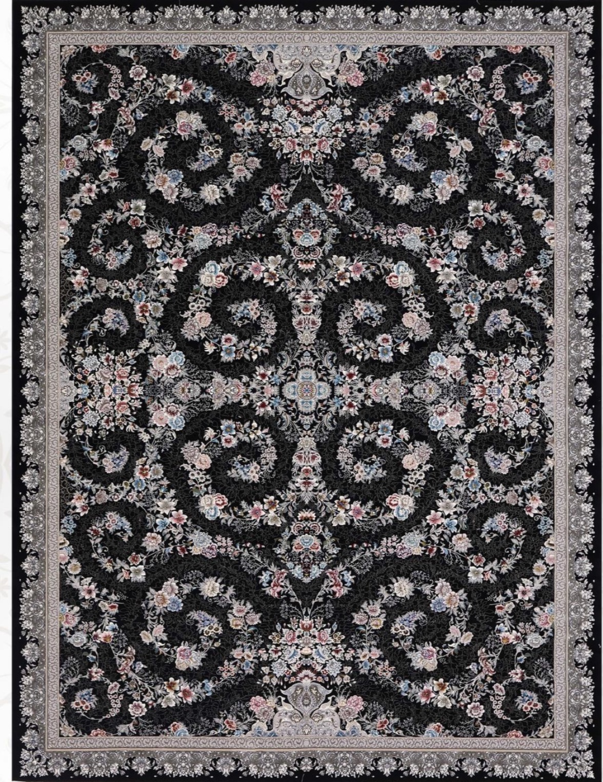 فرش ۷۰۰ شانه 12 متری کاشان رنگ  سرمه ای طرح ترنم khan