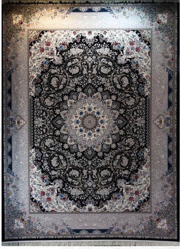 فرش ۷۰۰ شانه 12 متری کاشان رنگ سرمه ای طرح شاهانه khan