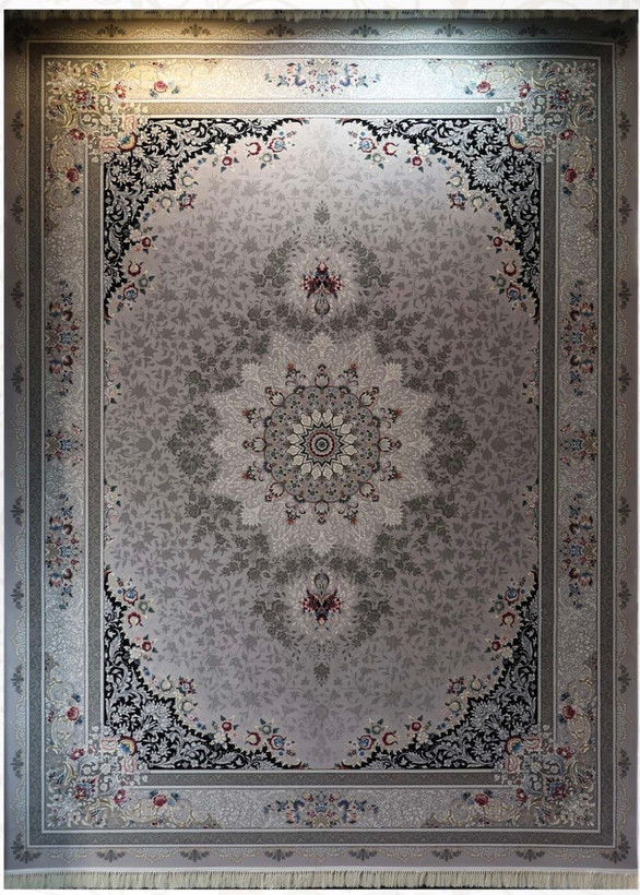 فرش ۷۰۰ شانه ۹ متری کاشان رنگ نقره ای طرح کابرا khan
