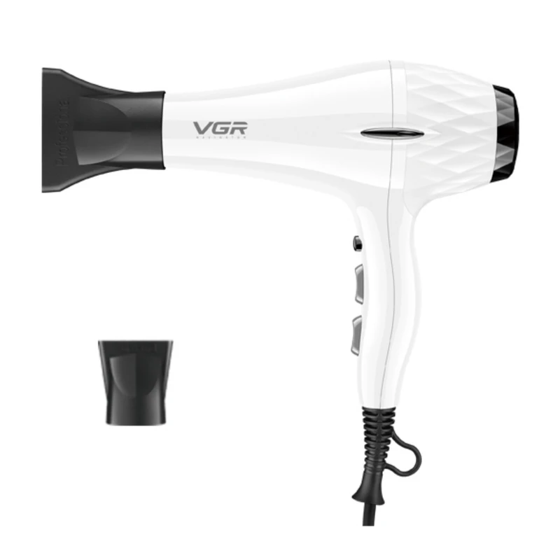 سشوار حرفهای 2200 وات وی جی ار مدل V-413، موتور AC، وزن 802 گرم، المنت سرامیک تورمالین، دارای سری متمرکزکننده باریک، متمرکزکننده پهن با ویژگی صافکنندگی، حجمدهندگی، با قابلیت باد سرد