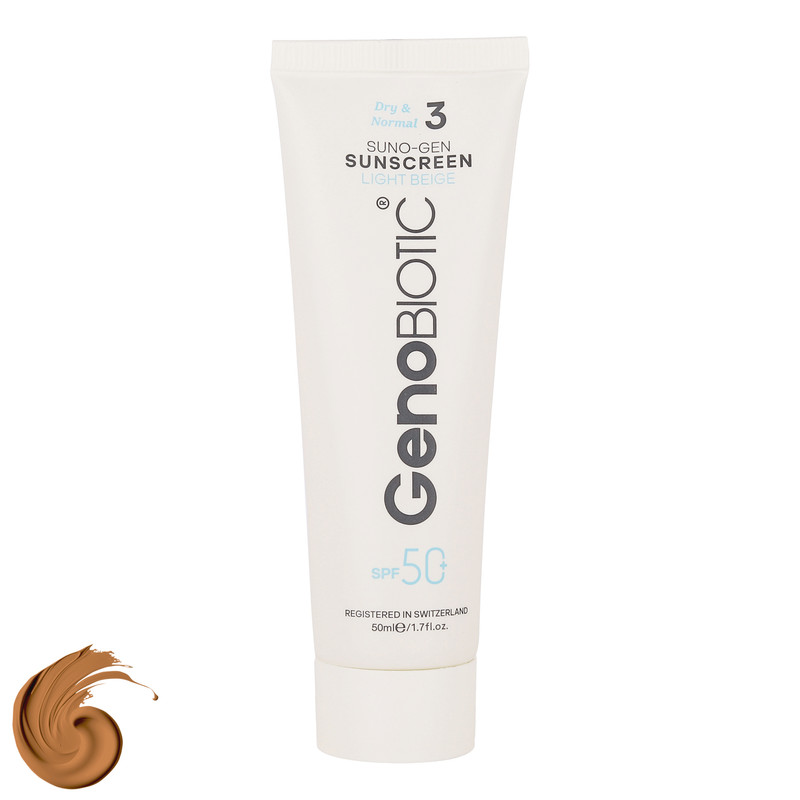 کرم ضد آفتاب رنگی صورت ژنوبایوتیک SPF 50 مدل SUNOGEN محافظ UVA ،UVB، ‌مناسب پوست‌های خشک و معمولی حجم 50 میلی‌لیتر