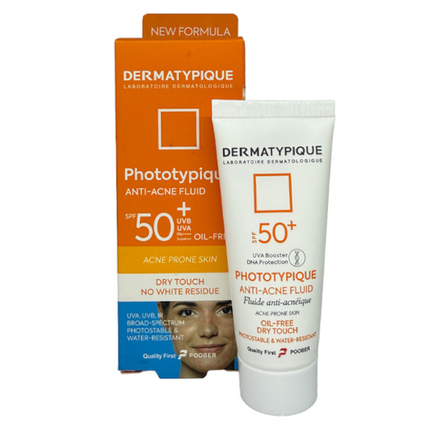 فلوئید ضد آفتاب بدون رنگ درماتیپیک مدل anti acne محافظ UVA،UVB مناسب برای پوست چرب حجم 40 میلی لیتر
