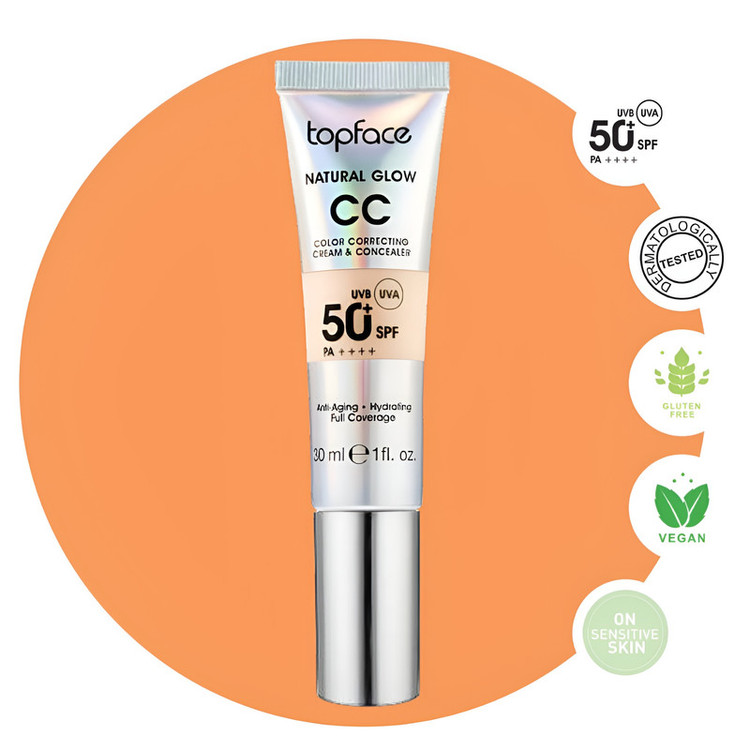 کرم پودر CC مایع +SPF50 تاپ فیس مدل NATURAL GLOW شماره 004 مناسب برای انواع پوست حجم 30 میلی لیتر