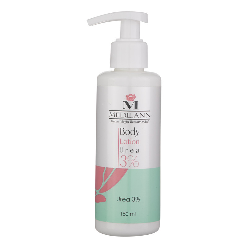 لوسیون بدن مدیلن مدل Urea3% حجم 150 میلیلیتر، حاوی اوره 3% و عصاره آلوئه ورا، مرطوبکننده عمقی، ضد خشکی و ضد چروک، مناسب انواع پوست