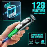 ماشین اصلاح موی صورت وی جی ار مدل V-055 با تیغه استیل ضد زنگ، باتری قابل شارژ، طراحی ارگونومیک، خط زن و صفر زن، اندازه اصلاح 0 تا 10 میلیمتر، وزن 220 گرم