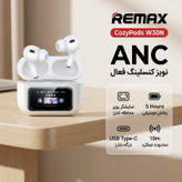 هدفون بلوتوثی ریمکس مدل CozyPods W30N دارای نویز کنسلینگ فعال (ANC)، درگاه شارژ USB Type-C، دارای نمایشگر روی صفحه محفظه شارژ