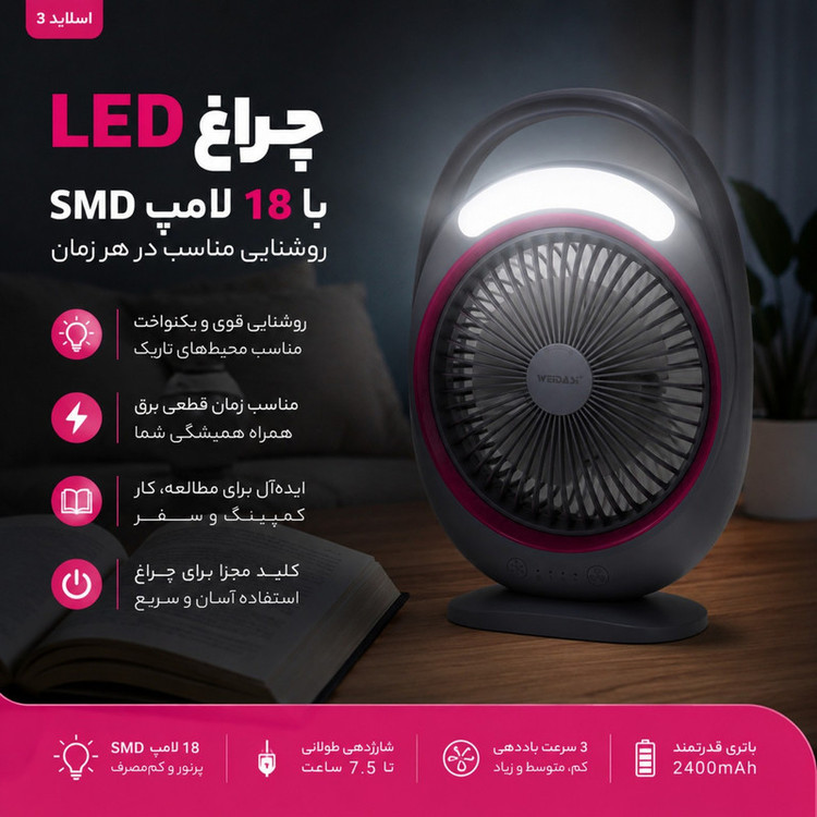 پنکه شارژی ویداسی مدل WD ظرفیت 2400 میلی آمپر ساعت