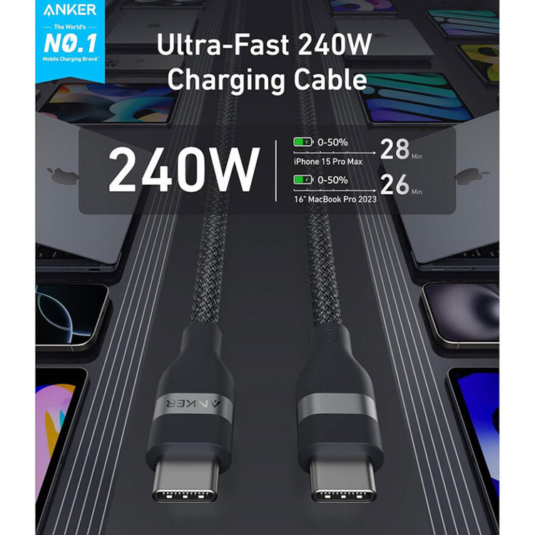 کابل تبدیل USB-C به USB-C انکر مدل A82E2 طول 1.8 متر با توان 240 وات