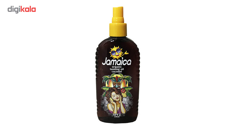 روغن برنزه کننده جامائیکا مدل نارگیل حجم 200 میلیلیتر، دارای SPF UVA و UVB، مقاوم در برابر آب و رطوبت، حاوی ویتامین E و افزایشدهنده درخشش شکلاتی، مناسب تمام انواع پوست